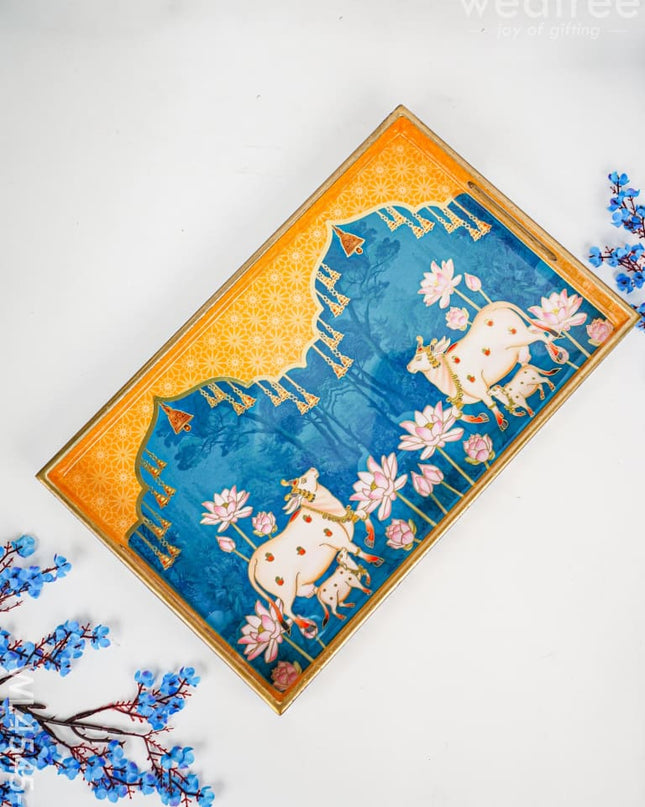 Digital Printed Pichwai Tray - Set Of 3 Wl4545 Medium Wooden Trays