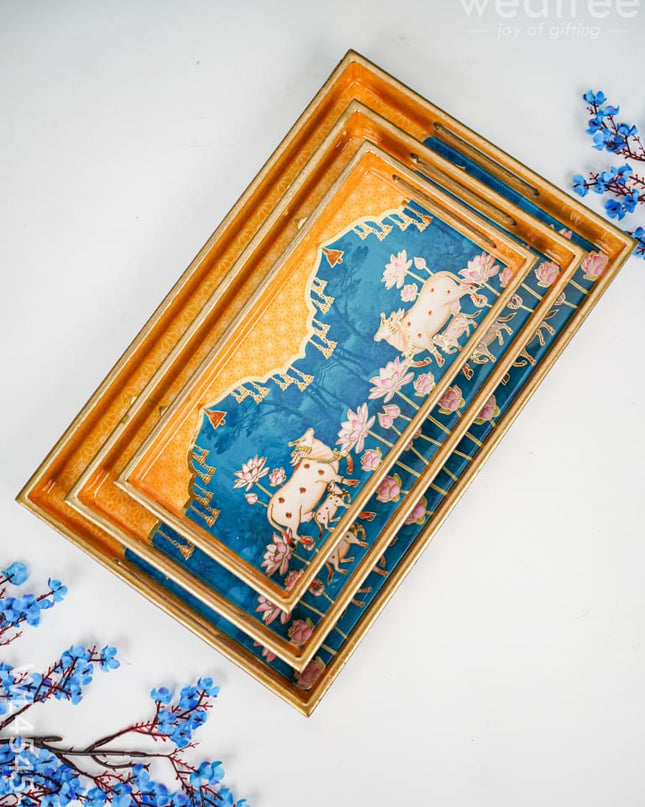 Digital Printed Pichwai Tray - Set Of 3 Wl4545 Wooden Trays