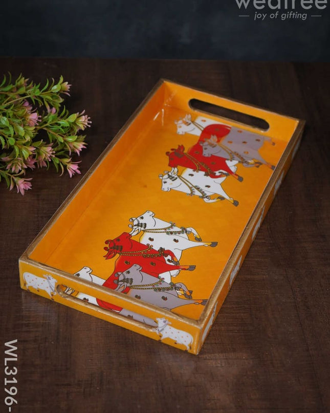 Digital Printed Pichwai Trays (Yellow) - Wl3196 Medium Wooden
