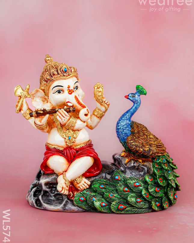 Polyresin Ganesha with Peacock Idol - 6 inch - WL5743 - Polyresin Figurine - RG