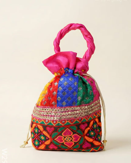 Potli bag - flower thread embroidery and Lace - W2982 - Potli Bags