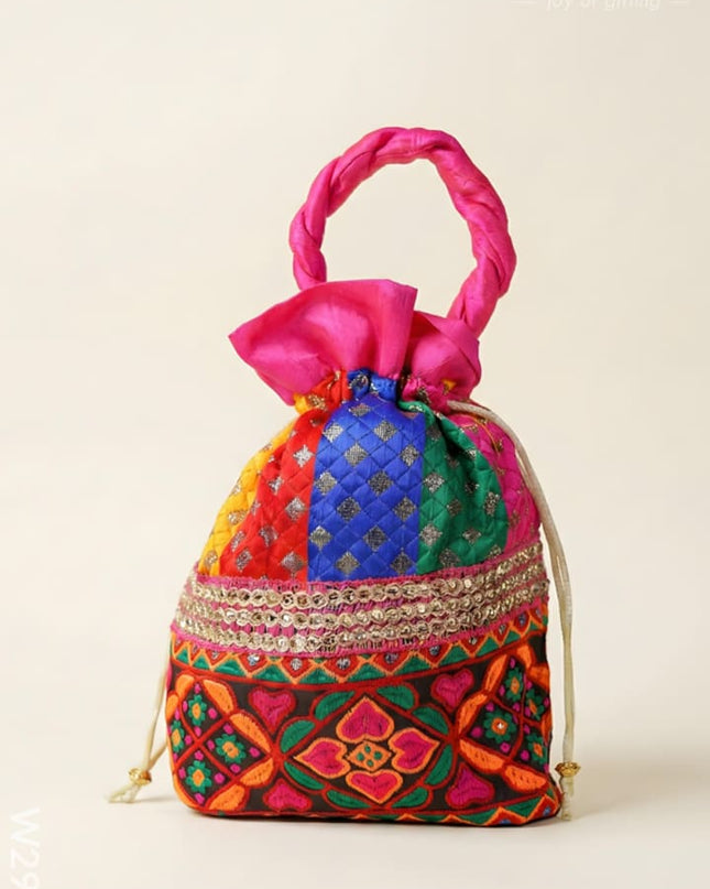 Potli bag - flower thread embroidery and Lace - W2982 - Potli Bags