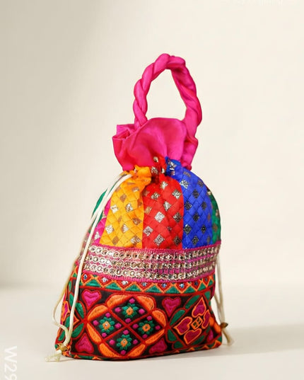 Potli bag - flower thread embroidery and Lace - W2982 - Potli Bags