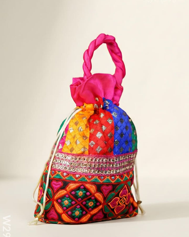 Potli bag - flower thread embroidery and Lace - W2982 - Potli Bags