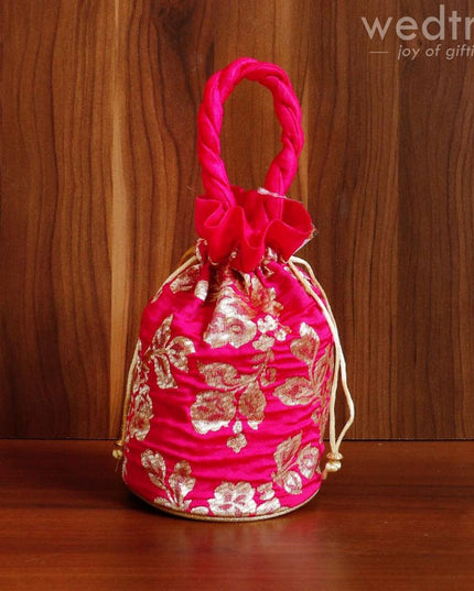 Potli Bag Raw Silk With Golden Flower Print - W4533 Bags
