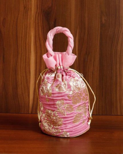 Potli Bag Raw Silk With Golden Flower Print - W4533 Bags