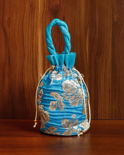 Potli Bag Raw Silk With Golden Flower Print - W4533 Bags