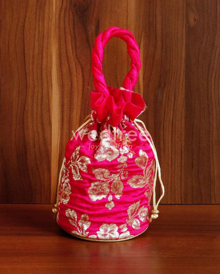 Potli Bag Raw Silk With Golden Flower Print - W4533 Bags