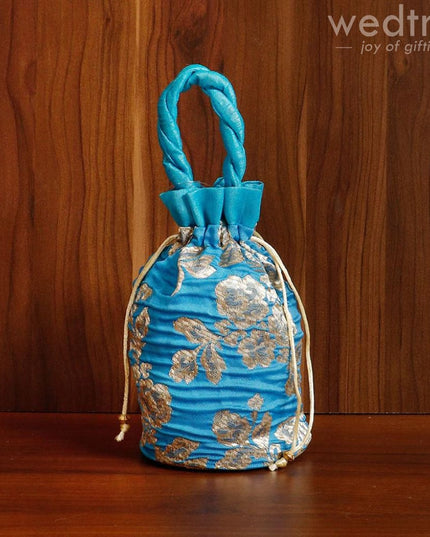Potli Bag Raw Silk With Golden Flower Print - W4533 Bags