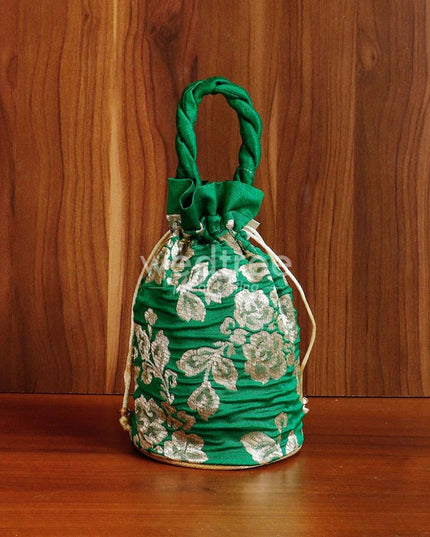 Potli Bag Raw Silk With Golden Flower Print - W4533 Bags