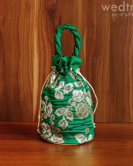 Potli Bag Raw Silk With Golden Flower Print - W4533 Bags