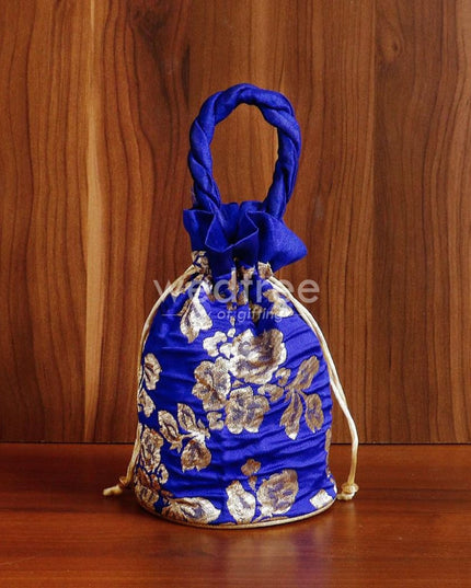 Potli Bag Raw Silk With Golden Flower Print - W4533 Bags