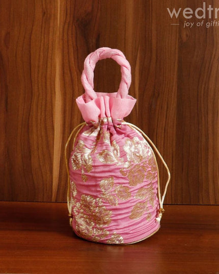 Potli Bag Raw Silk With Golden Flower Print - W4533 Bags