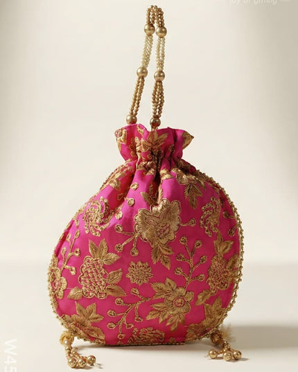 Potli bag raw silk with golden thread embroidery - W4559 - Potli Bags