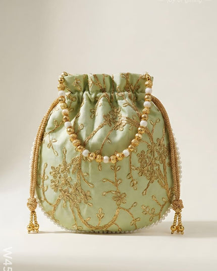 Potli bag raw silk with golden thread embroidery - W4559 - Potli Bags