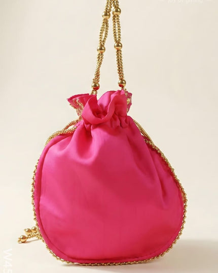 Potli bag raw silk with golden thread embroidery - W4559 - Potli Bags
