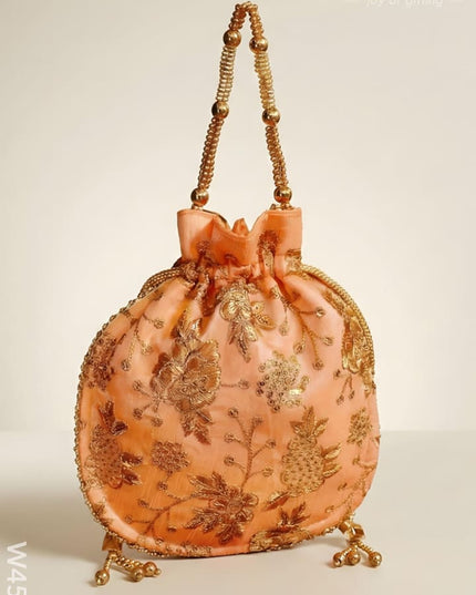 Potli bag raw silk with golden thread embroidery - W4559 - Potli Bags