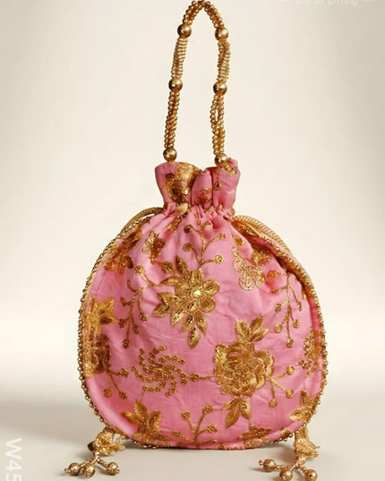 Potli bag raw silk with golden thread embroidery - W4559 - Potli Bags