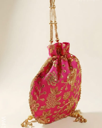 Potli bag raw silk with golden thread embroidery - W4559 - Potli Bags