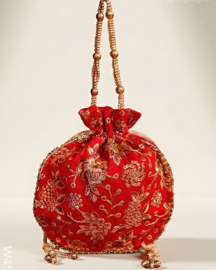 Potli bag raw silk with golden thread embroidery - W4559 - Potli Bags