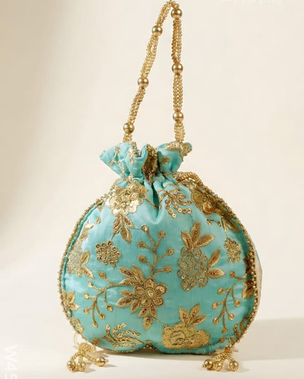 Potli bag raw silk with golden thread embroidery - W4559 - Potli Bags