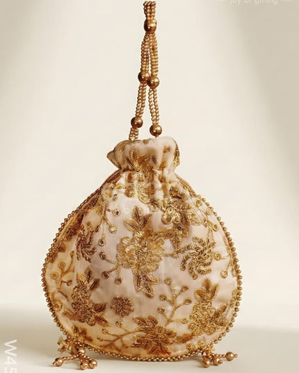 Potli bag raw silk with golden thread embroidery - W4559 - Potli Bags