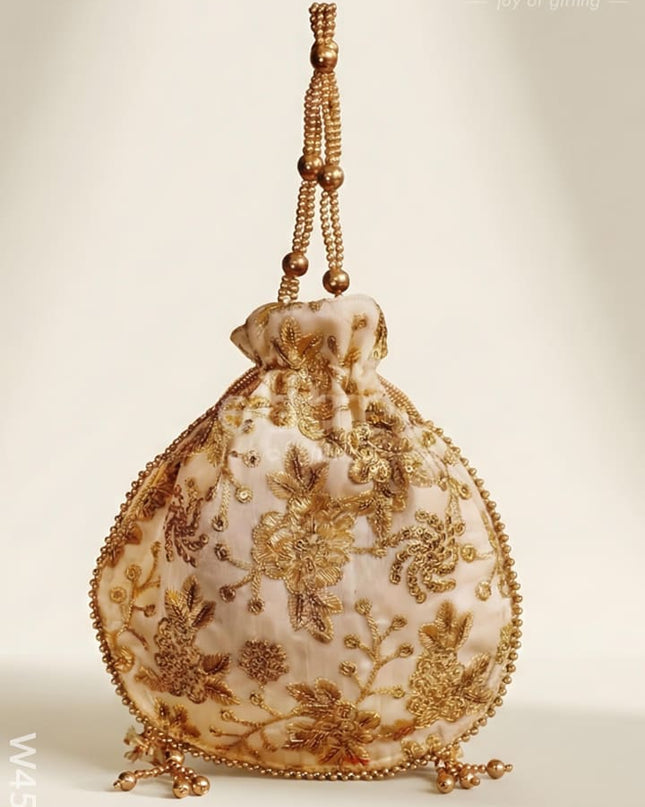 Potli bag raw silk with golden thread embroidery - W4559 - Potli Bags