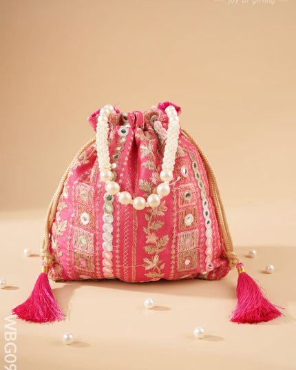 Potli Bag with Embroidered Chamki work and Pearl Handle - WBG0902 - Potli Bags