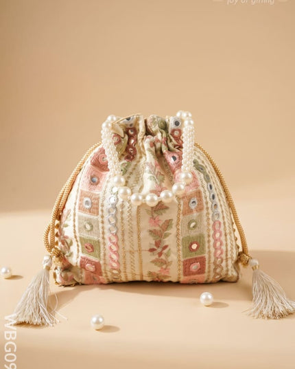 Potli Bag with Embroidered Chamki work and Pearl Handle - WBG0902 - Potli Bags