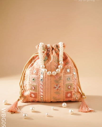 Potli Bag with Embroidered Chamki work and Pearl Handle - WBG0902 - Potli Bags