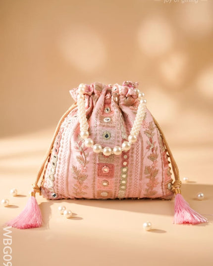 Potli Bag with Embroidered Chamki work and Pearl Handle - WBG0902 - Potli Bags