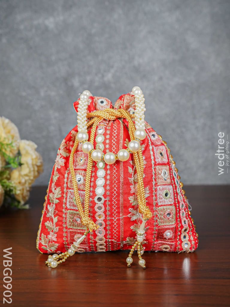 Potli Bag With Embroidered Chamki Work And Pearl Handle - Wbg0902 Bags