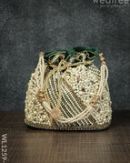 Potli Bag with Full Pearl Beads Rectangular Bottom - Dark Green