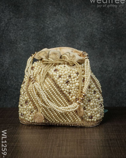Potli Bag With Full Pearl Beads Rectangular Bottom - Wl1259 Golden Bags