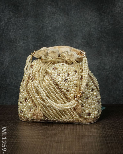 Potli Bag With Full Pearl Beads Rectangular Bottom - Wl1259 Golden Bags