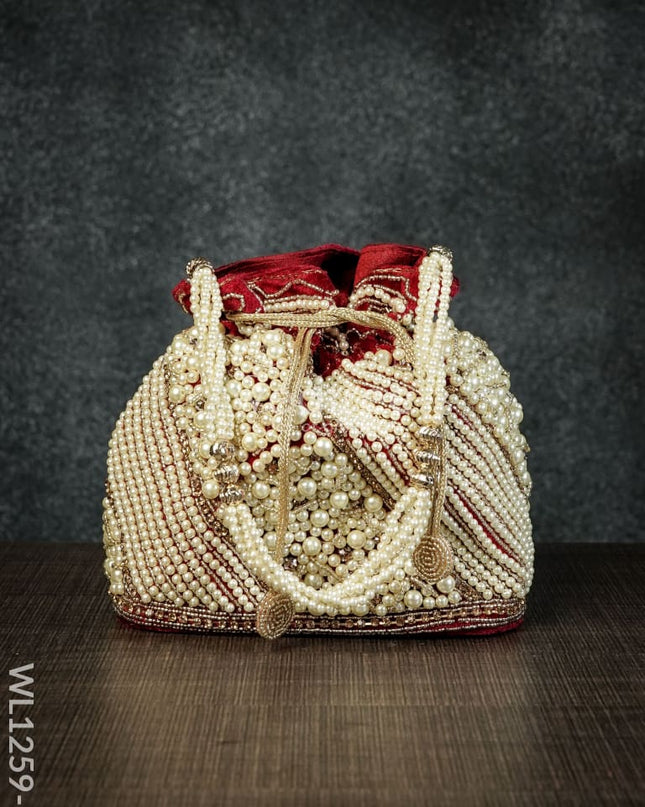 Potli Bag With Full Pearl Beads Rectangular Bottom - Wl1259 -Magenta Bags