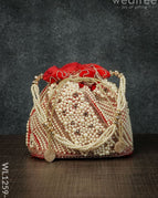 Potli Bag with Full Pearl Beads Rectangular Bottom - Red