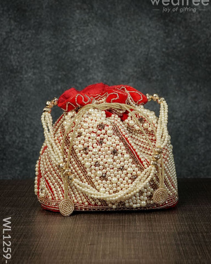 Potli Bag With Full Pearl Beads Rectangular Bottom - Wl1259 Red Bags