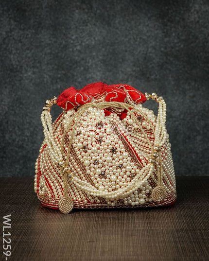 Potli Bag With Full Pearl Beads Rectangular Bottom - Wl1259 Red Bags