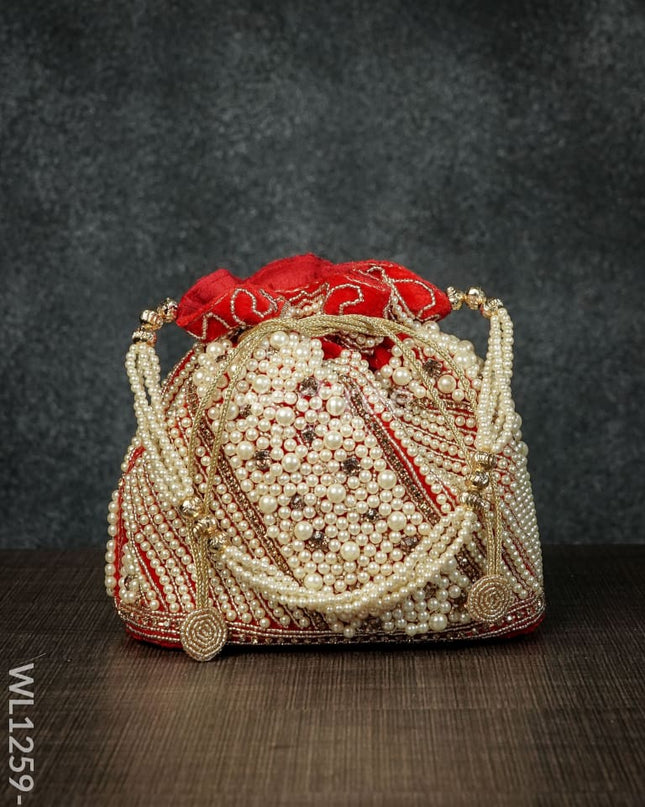 Potli Bag With Full Pearl Beads Rectangular Bottom - Wl1259 Red Bags