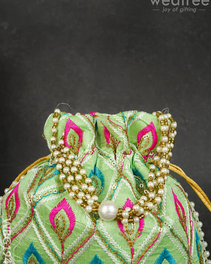 Potli Bag with Leaf Design Embroidery - 9 inch - WBG1949 - Potli Bags