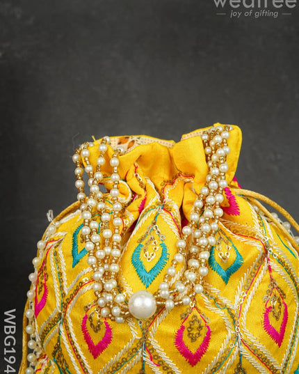 Potli Bag with Leaf Design Embroidery - 9 inch - WBG1949 - Potli Bags