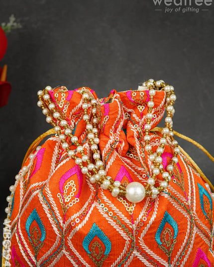 Potli Bag with Leaf Design Embroidery - 9 inch - WBG1949 - Potli Bags