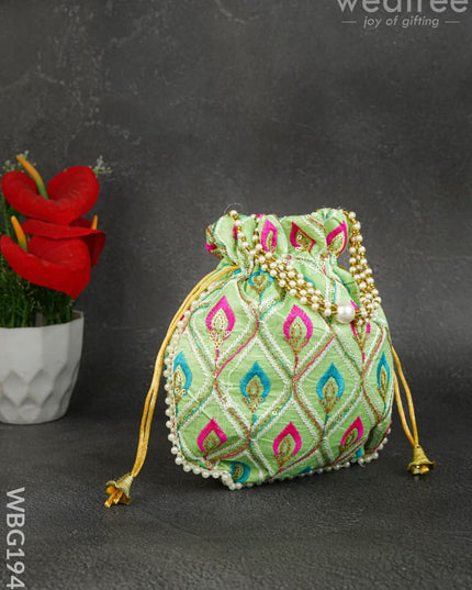Potli Bag with Leaf Design Embroidery - 9 inch - WBG1949 - Potli Bags