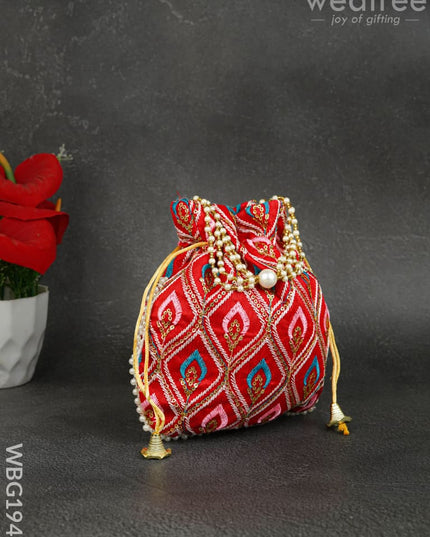 Potli Bag with Leaf Design Embroidery - 9 inch - WBG1949 - Potli Bags