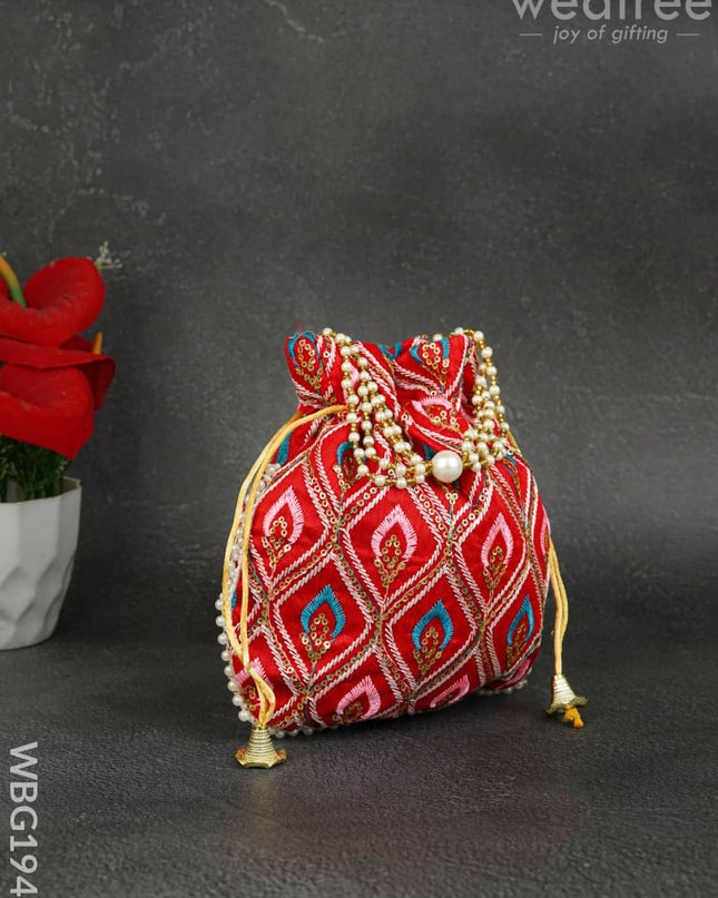 Potli Bag with Leaf Design Embroidery - 9 inch - WBG1949 - Potli Bags