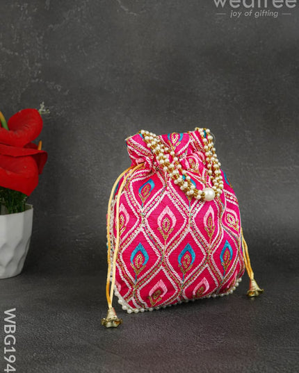 Potli Bag with Leaf Design Embroidery - 9 inch - WBG1949 - Potli Bags