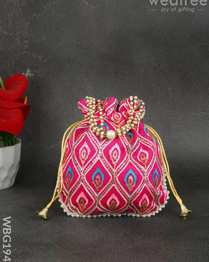 Potli Bag with Leaf Design Embroidery - 9 inch - WBG1949 - Potli Bags