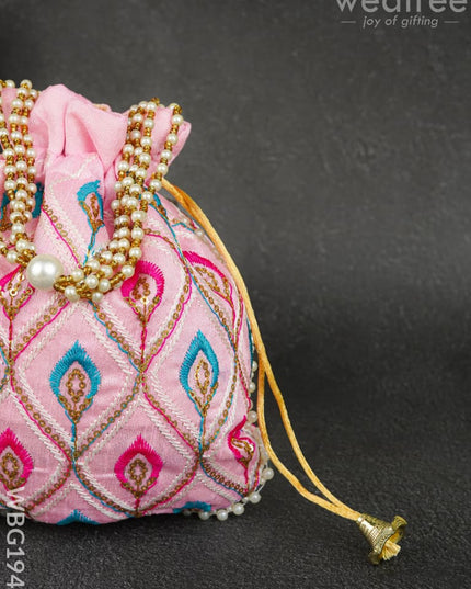 Potli Bag with Leaf Design Embroidery - 9 inch - WBG1949 - Potli Bags