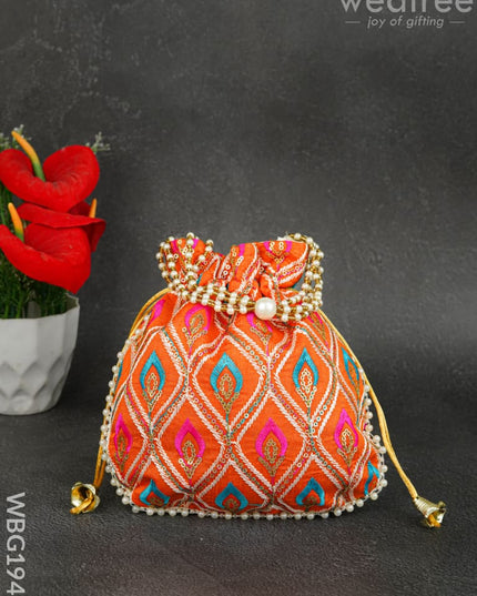 Potli Bag with Leaf Design Embroidery - 9 inch - WBG1949 - Potli Bags